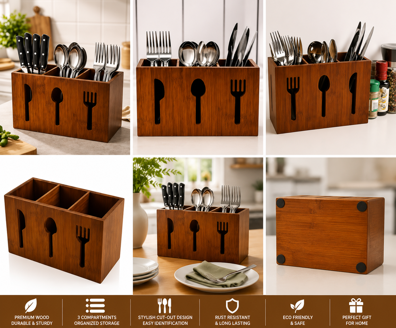 Wooden Utensil Organizer | 3-Compartment Cutlery Holder | Wooden Tabletop Organizer