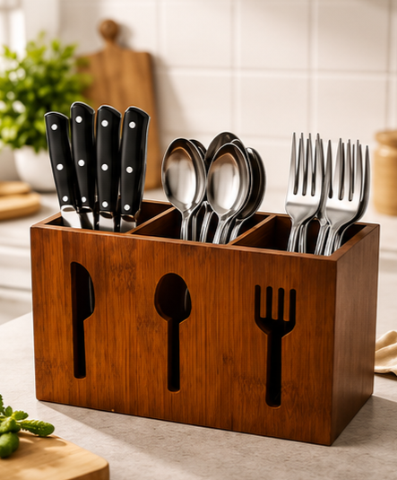 Wooden Utensil Organizer | 3-Compartment Cutlery Holder | Wooden Tabletop Organizer