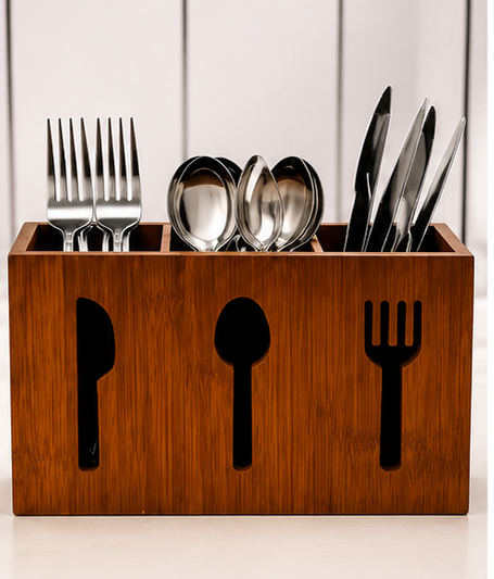 Wooden Utensil Organizer | 3-Compartment Cutlery Holder | Wooden Tabletop Organizer