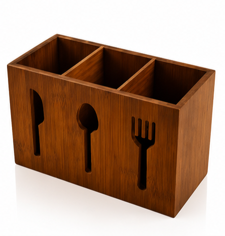 Wooden Utensil Organizer | 3-Compartment Cutlery Holder | Wooden Tabletop Organizer
